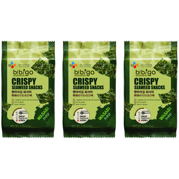 CJ Bibigo Crispy Seaweed Snacks Wasabi Flavour 15g / CJ香脆海苔片 芥末味 15克